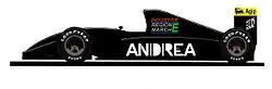 Schéma représentant le flanc gauche d'une monoplace noire, orné du nom Andrea Moda, à l'avant bombé et aux pneumatiques Goodyear