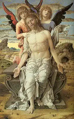 Andrea Mantegna, Le Christ mort soutenu par deux anges, 1489, huile sur panneau, 83&nbsp;× 51&nbsp;cm.