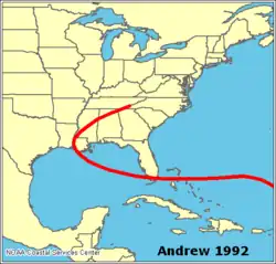 Trajectoire de l'ouragan Andrew en 1992.