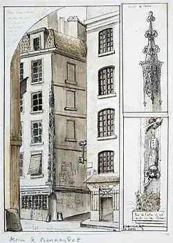 La Maison de l'Arbre-aux-Prêcheurs, au coin de la rue des Prêcheurs et de la rue Saint-Denis vers 1840, avec en son coin l'enseigne dite « Arbre-aux-Prêcheurs ».