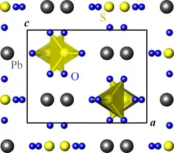 Structure de l'anglésite, projetée sur le plan (a, c). Gris : Pb, jaune : S, bleu : O.