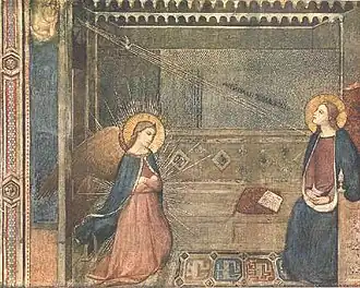 Tableau. L'ange est à genoux et Marie regarde vers la colombe.