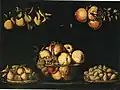 Francisco van der Hamen y León (?), Nature morte avec un bol de fruits en verre et des fruits suspendus, 72&nbsp;×&nbsp;97,5&nbsp;cm, huile sur toile, collection privée.