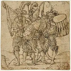 Anonyme, anciennes attribution à Aldegrever et Beham, Quatre lansquenets (début du XVIe&nbsp;siècle).