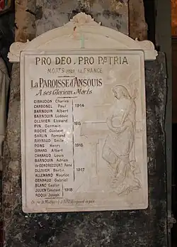 Plaque hommage aux victimes 14-18 à l'intérieur de l'église.