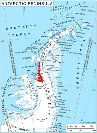 {Carte de la péninsule Antarctique permettant de localiser la côte de Fallières.