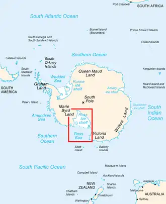 Carte montrant l'Antarctique et une partie des autres continents proches.