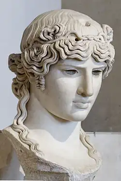 Tête colossale d'Antinoüs (Antinous Mondragone), cette statue était un objet de culte. Marbre poli. H. 95&nbsp;cm ; Poids 392&nbsp;kg. 130 - 138 EC. Louvre