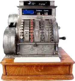 Vue d'une caisse enregistreuse sur fond blanc.