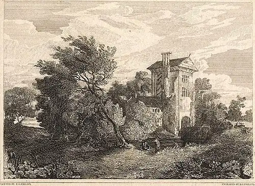 Image en noir et blanc d'une porterie d'un manoir.