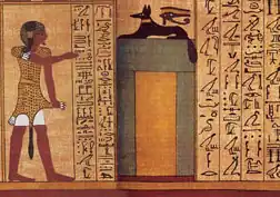 photo du chacal Anubis couché sur un portail.