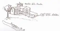 Dessin d'une église située non loin d'une rivière et dont la façade est entourée d'un mur