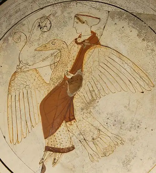 Aphrodite sur son cygne, kylix à fond blanc de Rhodes, v.&nbsp;460 av. J.-C. British Museum.