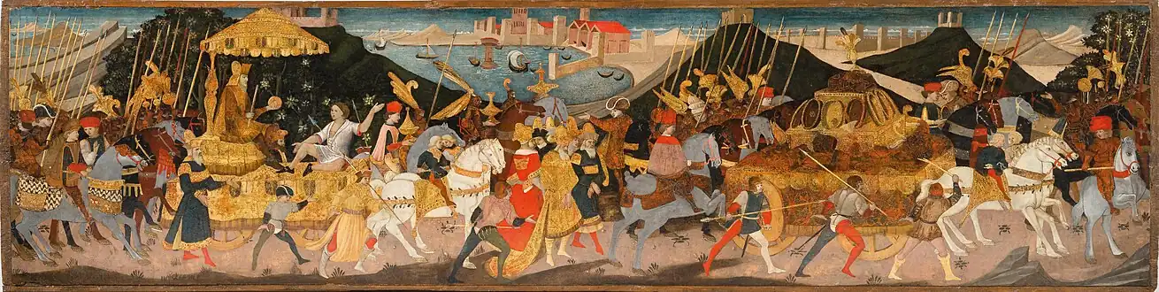 Apollonio di Giovanni. Triomphe du consul romain Paul Émile, après sa victoire contre le royaume de Macédoine. Avant 1465. Panneau de cassone, tempera et or sur bois. L. 1,55 m. Vente : 2022.