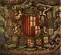 Apoteosis Heraldica 1681 Museo de Historia de la Ciudad, Barcelona, les quatre maures devinrent aussi les armoiries d'Aragon, couronnés et barbus.