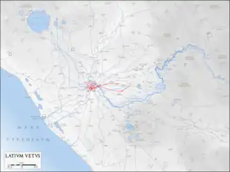Plan du Latium antique avec l'Aqua Appia en rouge.