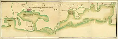 Real Cuerpo de Ingenieros 01/01/1794 Rodrigo Ledesma Croquis copiado por otro que adquirió el zelo del Sor. dn. Joaquin del Sasso (Coronel de las Reales Exercitos y Comandante General del que se alla â la banda del Norte destinado contra la frontera de la Colonia enemiga) que entregó su señoria al Yngeniero ordinario dn. Antonio Conesa que se alla mandando estas obras de Trinchera y debolvió copiado, corregido, y añadido, con las noticias que se han podido adquirir de varios practicos