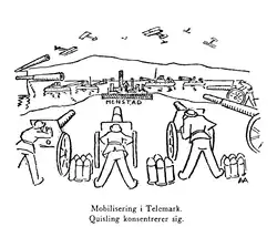 Un dessin d'une usine encerclée par des pièces d'artillerie et des navires de guerre qui pointent leurs canons sur elle, tandis que des avions de guerre tournent dans le ciel.