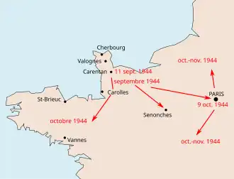 Carte représentant la chronologie de la diffusion d'un timbre-poste dans l'ouest de la France.