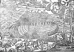 gravure montrant un navire au milieu des flots, au premier plan divers animaux