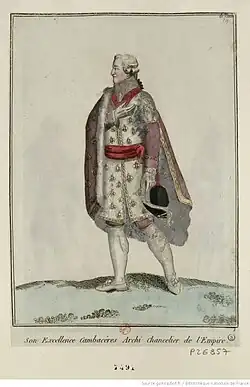 Estampe en couleur montrant Cambacérès en costume blanc aux parures rouges et dorées.