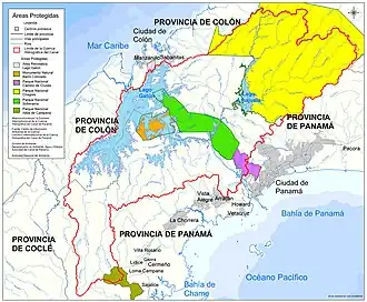 Carte du canal de Panama avec le Barro Colorado Nature Monument au centre en orange dont l'île Barro Colorado.