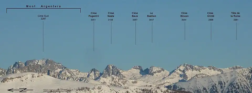 Panorama légendé du chaînon principal du massif de l'Argentera.