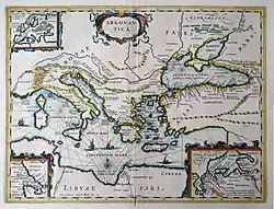 Dessin aux contours colorés de la Mer Méditerranée et de la Mer Noire avec les villes côtières indiquées.