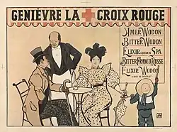 Affiche couleur représentant un couple assis à un bar ; l'homme discute avec un serveur, et à droite un enfant regarde une affiche annonçant le genièvre Bitter Wodon.