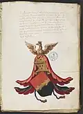 Page manuscrite avec un texte en haut et un blason rouge, doré et noir en bas.