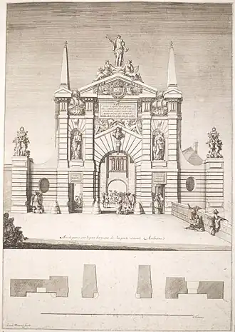 La porte de 1660, élargie avec son décor renouvelé, mais conservant les H de Henri III. On aperçoit au fond la veille porte médiévale.