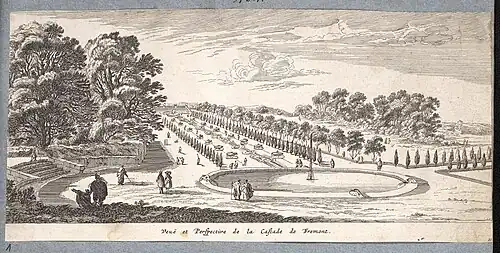 Vue et perspective de la cascade de Frémont, à quatre lieues de Paris sur le chemin de Fontainebleau. Milieu du XVIIe&nbsp;siècle.