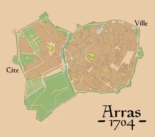 Plan d'Arras selon Jean Dessaily - 1704, avec la Cité séparée de la ville.