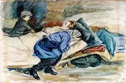 Aquarelle dans les bleus, gris et beige, montrant des enfants et une femme en pleurs autour d'une femme couchée