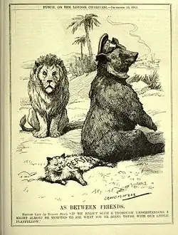 Caricature du magazine satirique anglais Punch, ou The London Charivari. Avec l'ours russe assis sur la queue du chat persan sous le regard du lion britannique, cela représente une phase du grand jeu. La légende se lit comme suit: "COMME ENTRE AMIS. British Lion (à Russian Bear). 'SI NOUS N'AVONS PAS UNE COMPRÉHENSION COMPLÈTE, JE POURRAIS PRESQUE ÊTRE TENTÉ DE VOUS DEMANDER CE QUE VOUS FAITES LÀ AVEC NOTRE PETIT CAMARADE DE JEUX.'"