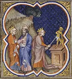 Illustration médiévale d'Asa détruisant les idoles avec une hache, dans la Bible historiale, 1372