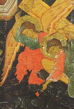 Ascension-Descente aux enfers, fragment : les anges. Deuxième quart du XVIe&nbsp;siècle. Musée de Vologda. Provient du monastère de Gorne-Ouspenski