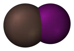 Image représentant deux sphères partiellement emboîtées, l'une un peu plus petite qui est l'iode, formant un modèle compact de l'iodure d'astate.