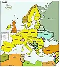 L'Europe en 2020 et l'Union européenne en jaune.