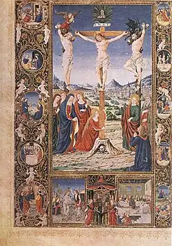 Page avec une grande scène du Christ sur La Croix entourée d'un cadre de petites scènes.