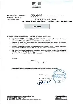 Attestation de diplôme BEATEP.BPJEPS