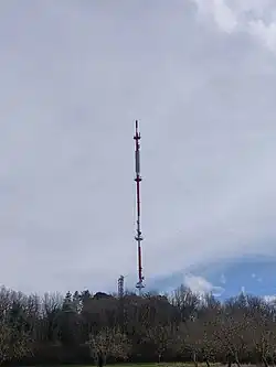 L'antenne principale de l'émetteur d'Audrix. Un grand mat blanc et rouge avec 6 haubans.
