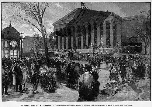 Gravure montrant une foule devant le palais Bourbon.