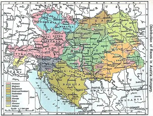 Carte ethnographique de l'Autriche-Hongrie en 1911, avec les Ruthènes en vert clair.