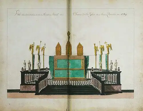 Dessin d'un maître-autel accessible par un escalier à six marches et entouré d'une balustrade. Six statuettes d'albâtre et six statues dorées d'anges chanteurs sont situées de part et d'autre de l'autel.