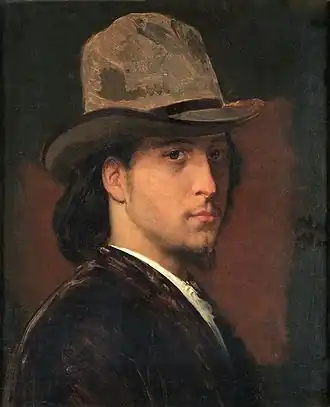Peinture en couleur, portrait de trois quarts face d'un jeune homme avec de longs cheveux et un bouc, coiffé d'un grand chapeau brun à larges bords.