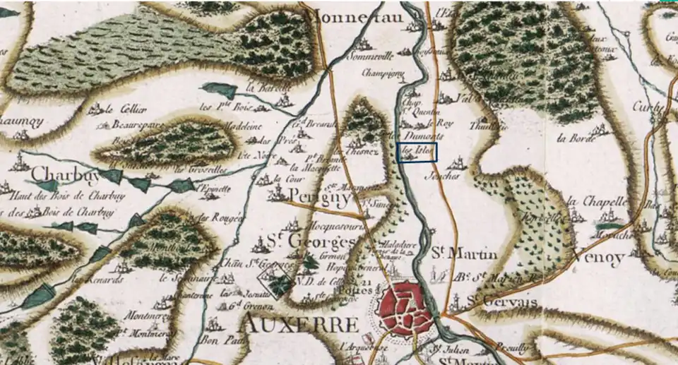 Les Isles (entouré d'un rectangle bleu) sur la carte de Cassini, en rive droite de l'Yonne, entre Auxerre au sud et Monéteau au nord.