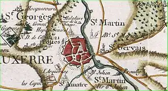 Abbaye Saint-Julien et son église Saint-Martin sur la carte de Cassini, en bordure sud d'Auxerre.