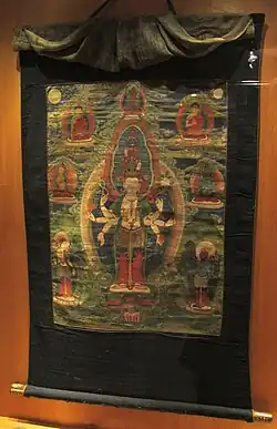 Avalokiteshvara sous la forme d'Ekadashamukha. Tibet, XIXe&nbsp;siècle. Thangka, détrempe sur toile, bordure soie, H. 49 x L. 35,5&nbsp;cm.