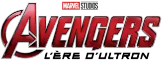 Les mots "AVENGERS" en rouge, "L'ERE D'ULTRON" en noir en dessous en plus petit et "MARVEL" en blanc sur rouge au-dessus en petit, le tout en capitales, sur fond blanc